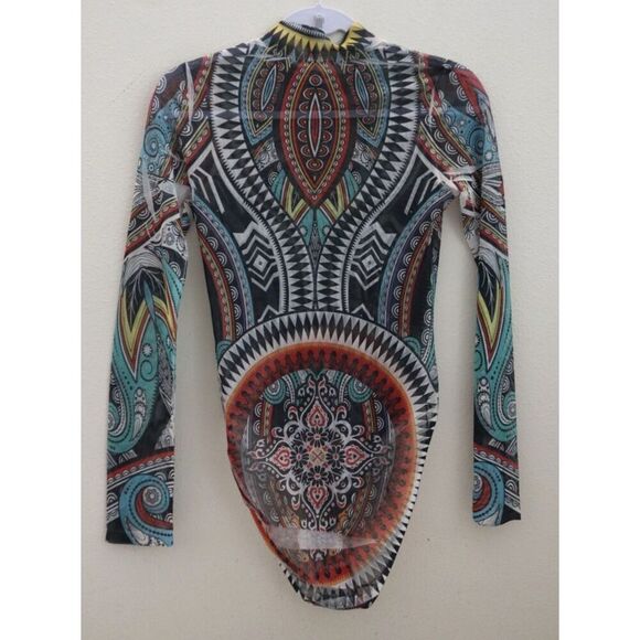 Best Cody 5020 Women's Sz M Multi 90s Vintage Sheer Aztec Print Bodysuit - Picture 2 of 9